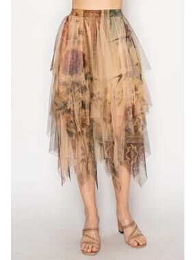 NWT Origami Tiered Tulle Midi Skirt Bird Print Lined Mesh Floaty Women Size XXL